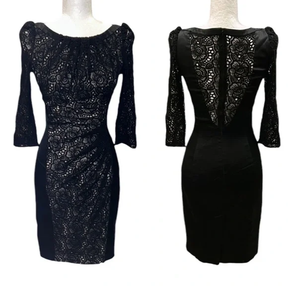 Karen Millen | Dresses | Karen Millen Black Crochet Lace Satin Ruched  Bodycon Pencil Mini Dress 4 | Poshmark